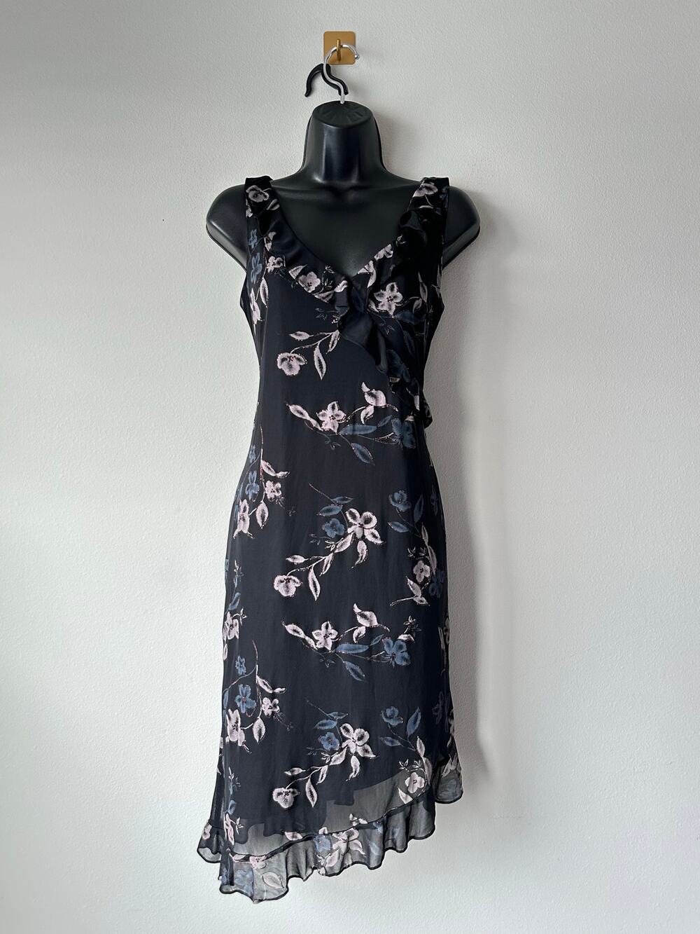Vintage y2k Black Floral Chiffon Ruffle Asymmetrical Hem Dress Large Midi 90s